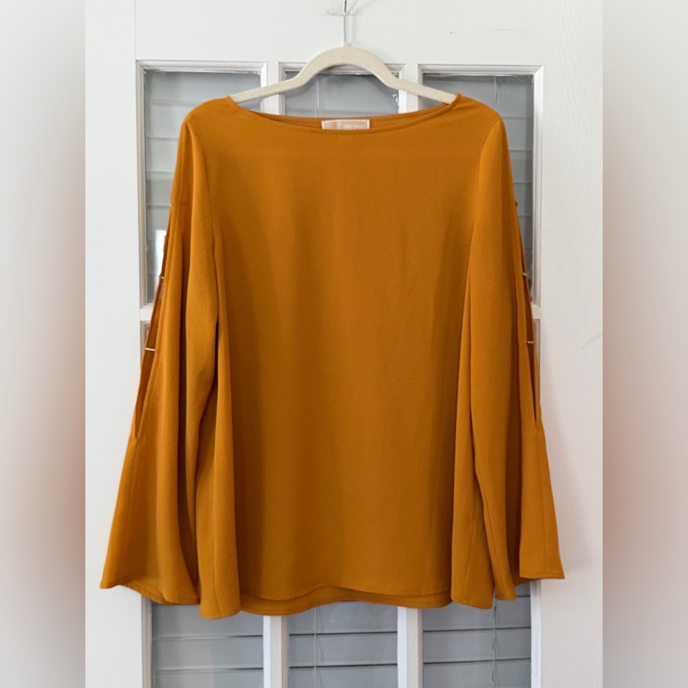 Michael Kors Women’s L Marigold Mustard Open Ladder Sleeve Blouse | SKU 0201